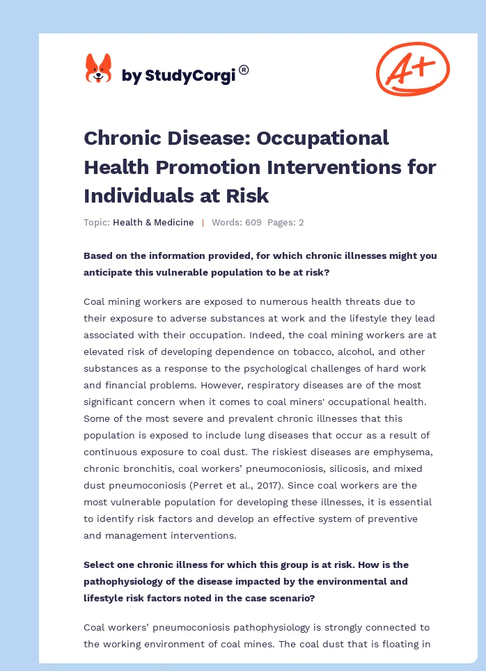 Chronic Disease: Occupational Health Promotion Interventions for Individuals at Risk. Page 1