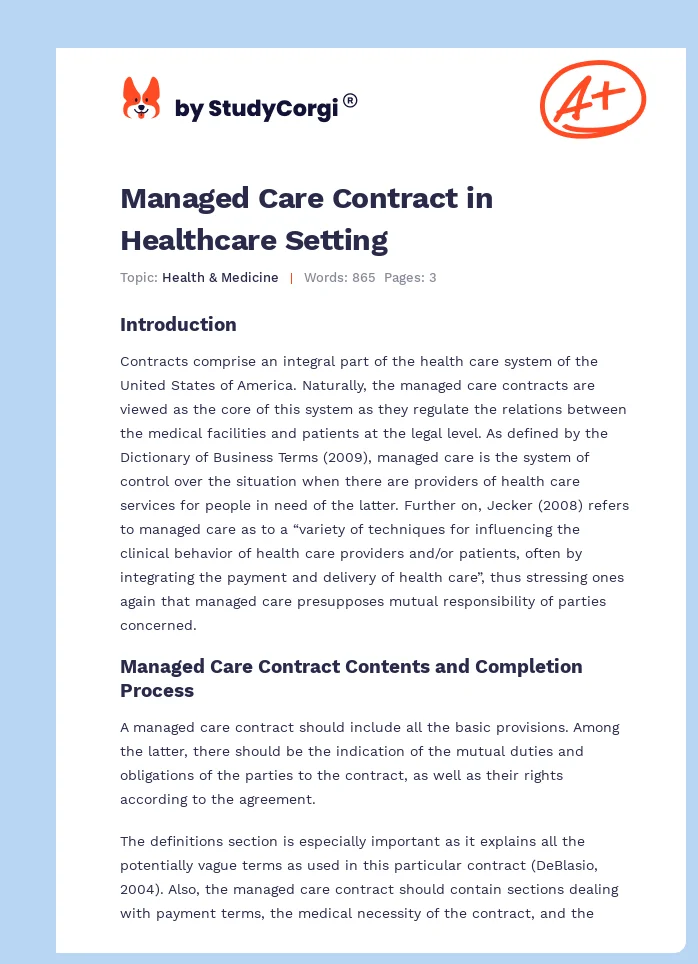 Managed Care Contract in Healthcare Setting. Page 1