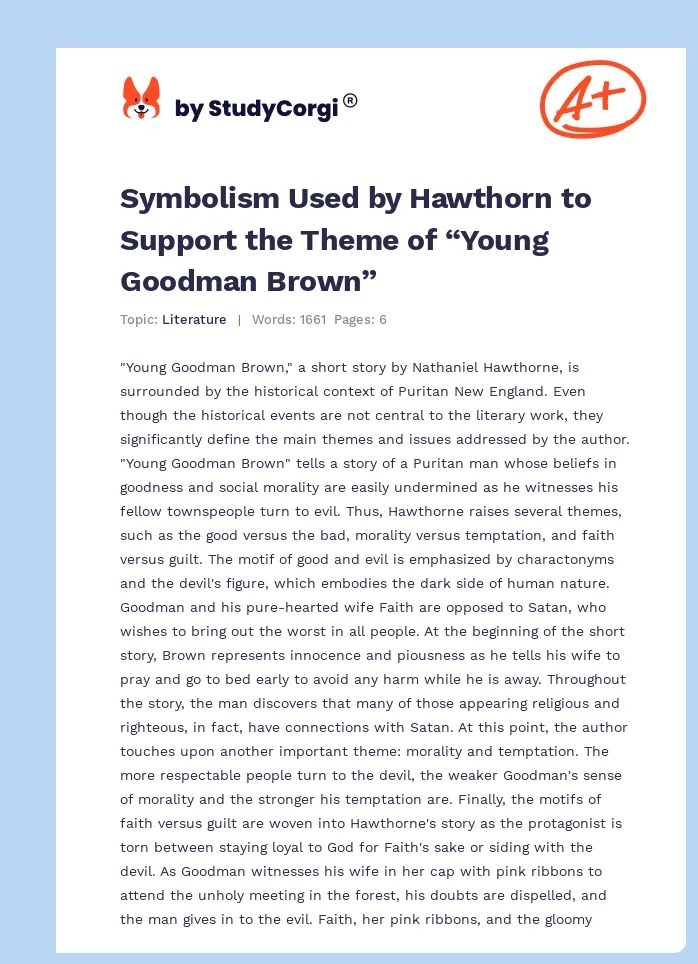 Symbolism Used by Hawthorn to Support the Theme of “Young Goodman Brown”. Page 1