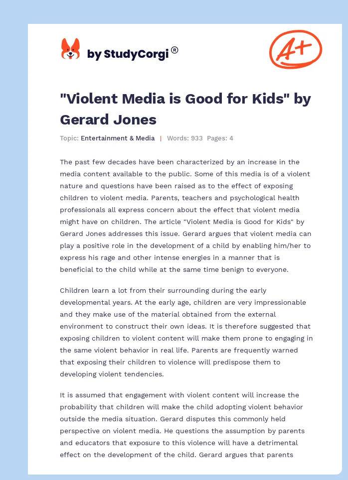 "Violent Media is Good for Kids" by Gerard Jones. Page 1