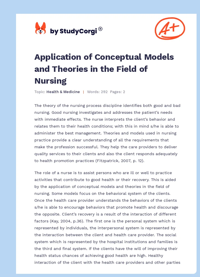 Application of Conceptual Models and Theories in the Field of Nursing. Page 1