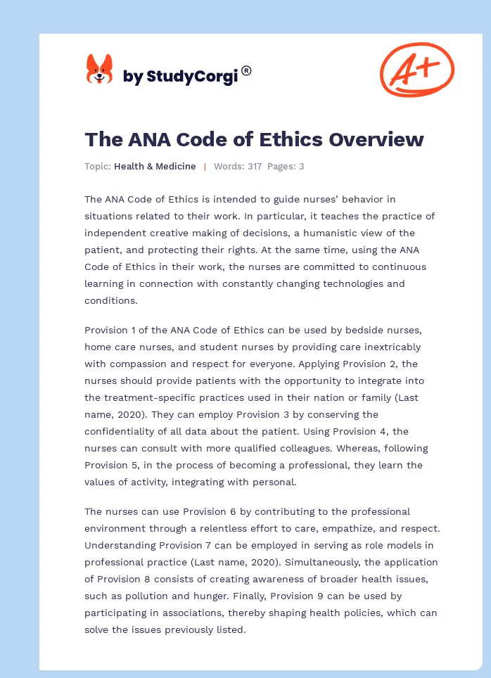 The ANA Code of Ethics Overview. Page 1