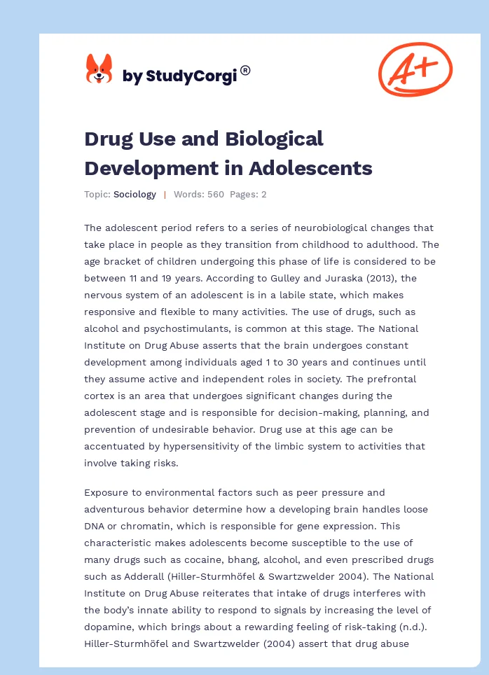 Drug Use and Biological Development in Adolescents. Page 1