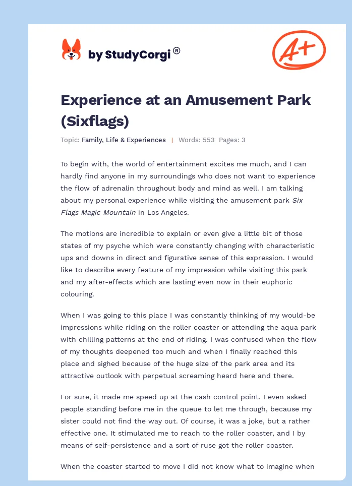 Experience at an Amusement Park (Sixflags). Page 1