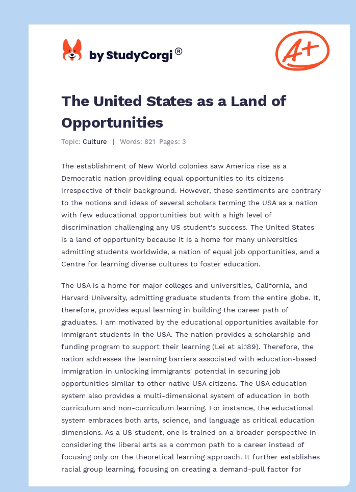 The United States as a Land of Opportunities. Page 1