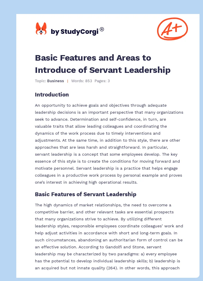Basic Features and Areas to Introduce of Servant Leadership. Page 1