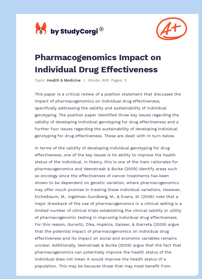 Pharmacogenomics Impact on Individual Drug Effectiveness. Page 1
