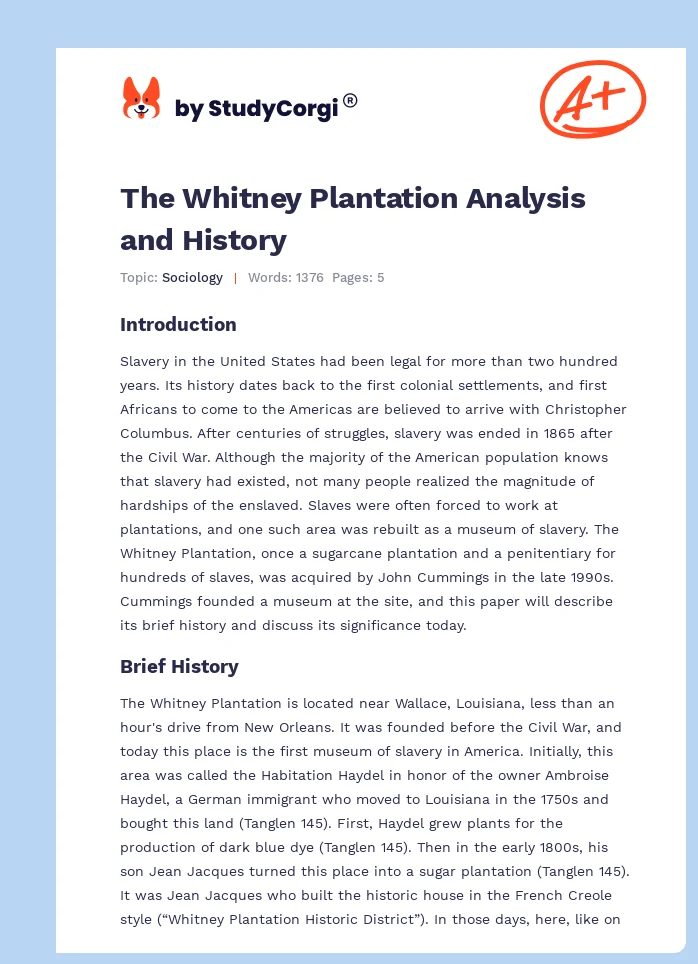 The Whitney Plantation Analysis and History. Page 1