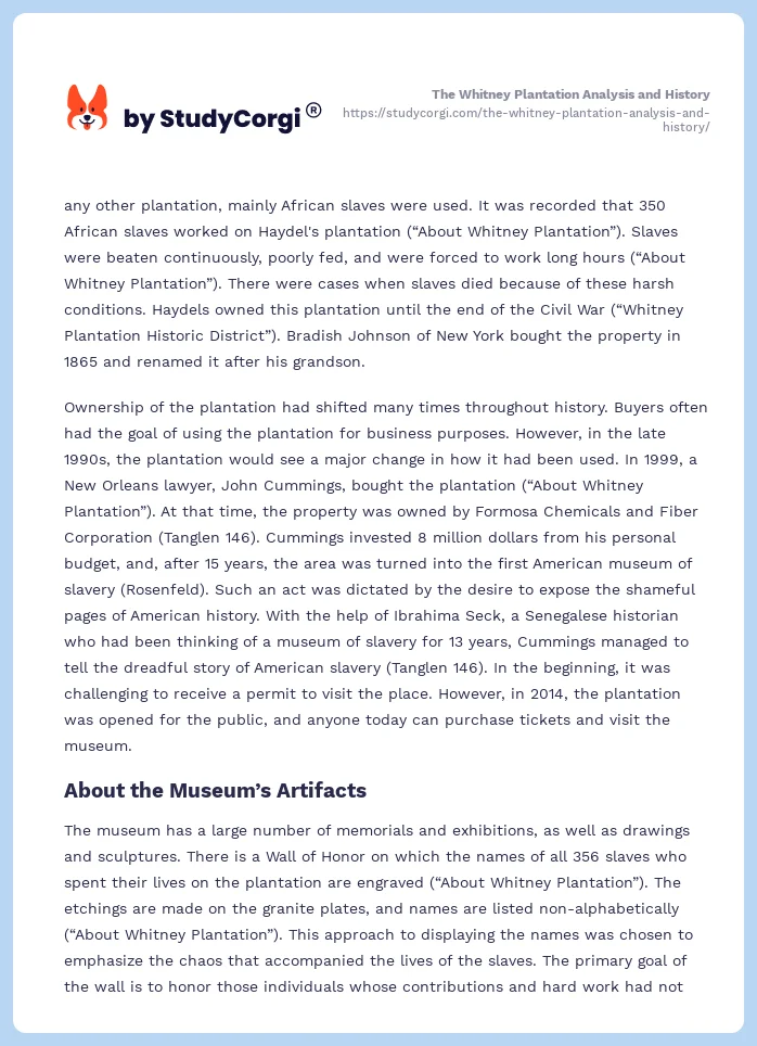 The Whitney Plantation Analysis and History. Page 2