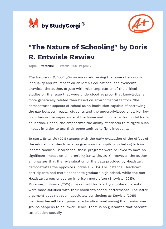 "The Nature of Schooling" by Doris R. Entwisle Rewiev. Page 1