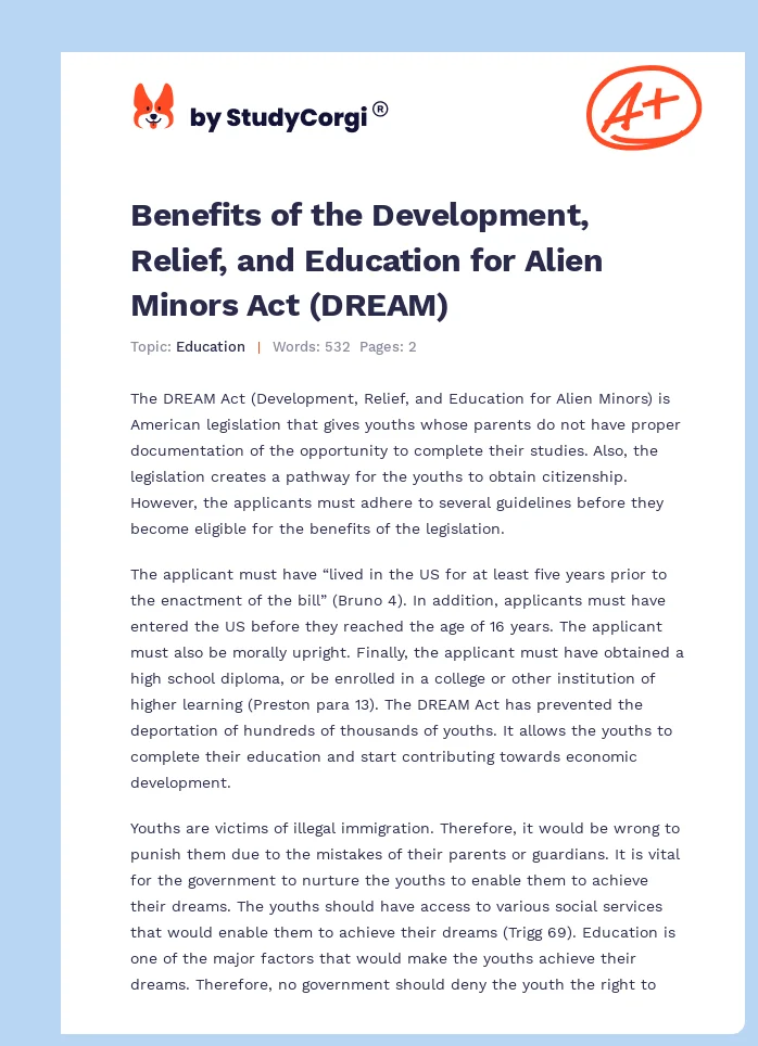 Benefits of the Development, Relief, and Education for Alien Minors Act (DREAM). Page 1