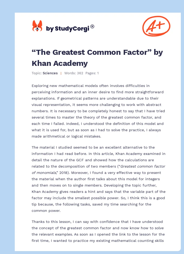 “The Greatest Common Factor” by Khan Academy. Page 1