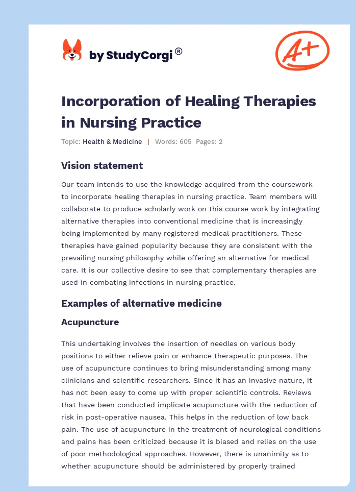 Incorporation of Healing Therapies in Nursing Practice. Page 1