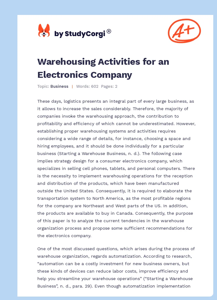 Warehousing Activities for an Electronics Company. Page 1