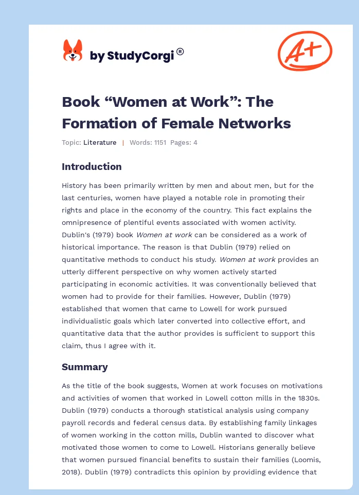 Book “Women at Work”: The Formation of Female Networks. Page 1
