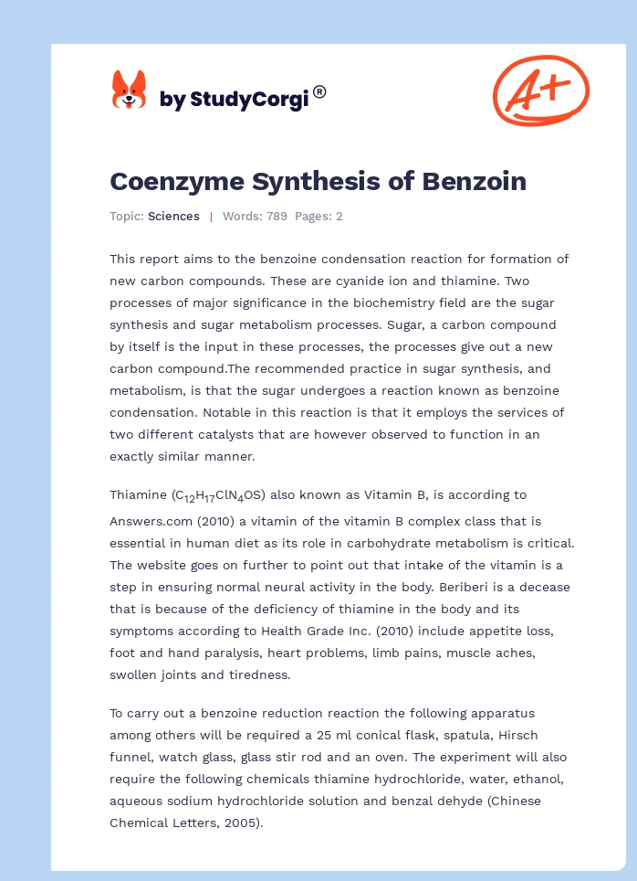 Coenzyme Synthesis of Benzoin. Page 1