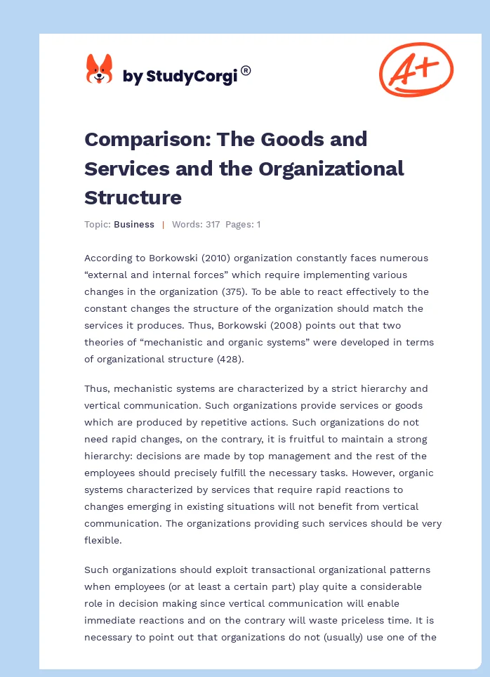 Comparison: The Goods and Services and the Organizational Structure. Page 1