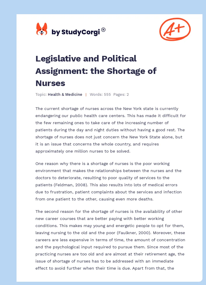 Legislative and Political Assignment: the Shortage of Nurses. Page 1