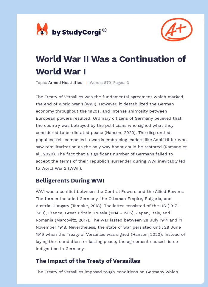 World War II Was a Continuation of World War I. Page 1
