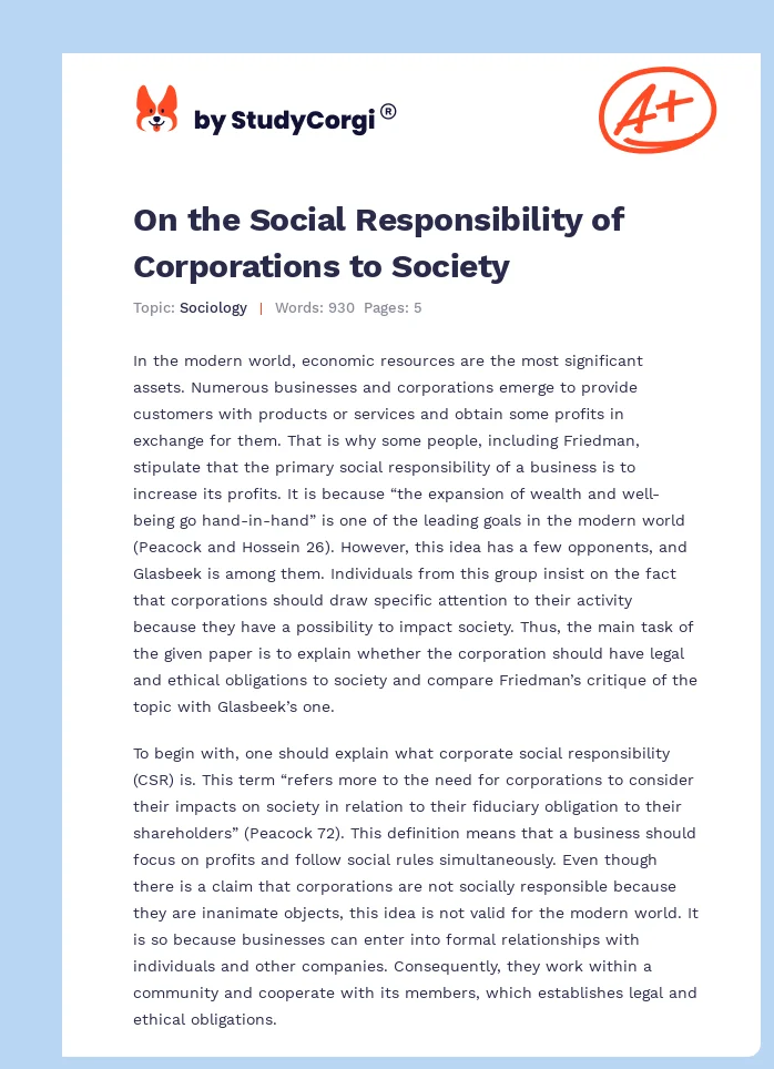 On the Social Responsibility of Corporations to Society. Page 1