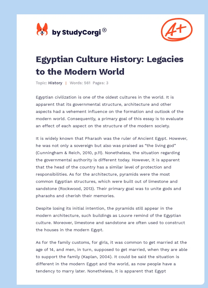 Egyptian Culture History: Legacies to the Modern World. Page 1