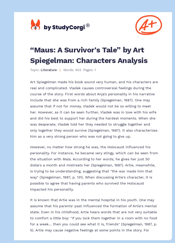 “Maus: A Survivor's Tale” by Art Spiegelman: Characters Analysis. Page 1