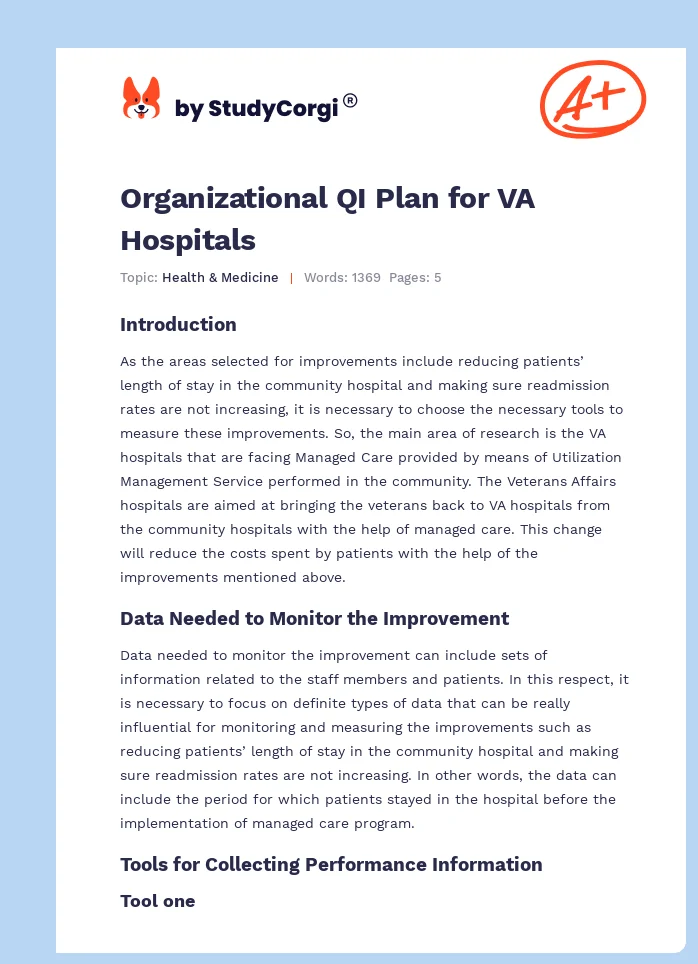 Organizational QI Plan for VA Hospitals. Page 1