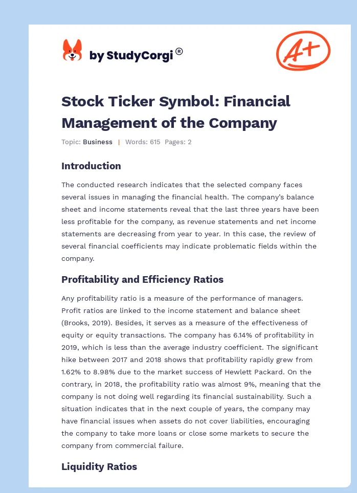 Stock Ticker Symbol: Financial Management of the Company. Page 1