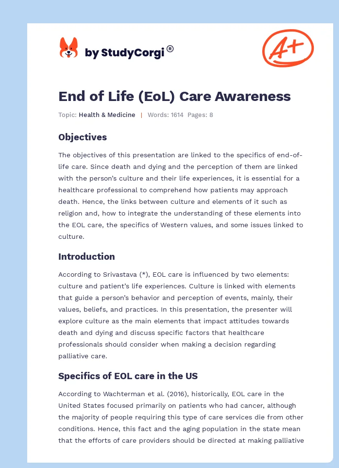 End of Life (EoL) Care Awareness. Page 1