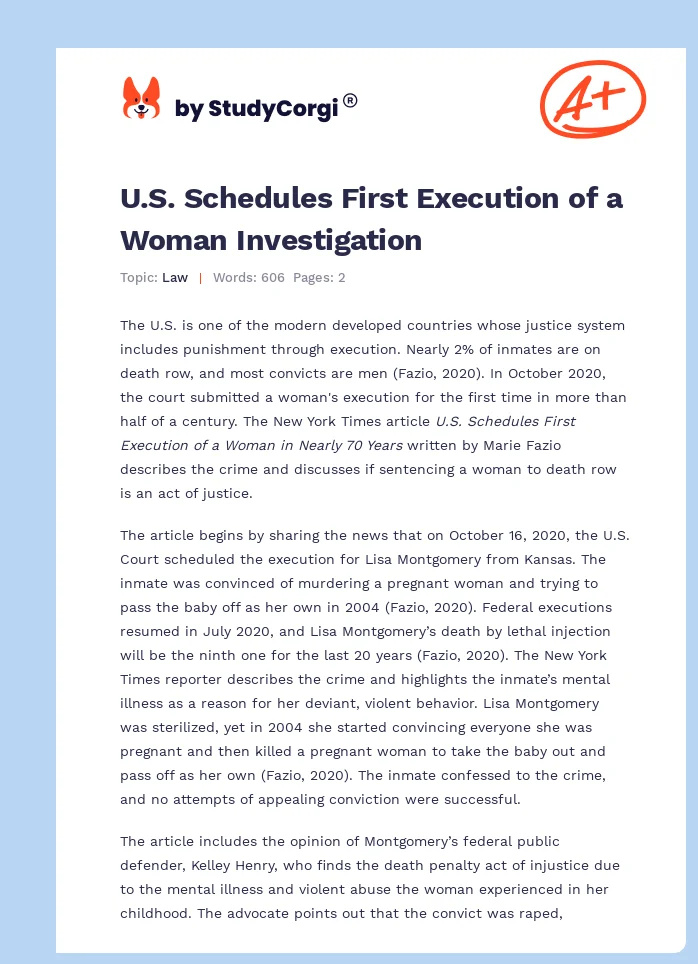 Us Schedules First Execution Of A Woman Investigation Free Essay Example