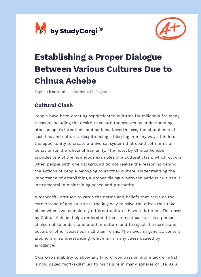 Establishing a Proper Dialogue Between Various Cultures Due to Chinua Achebe. Page 1