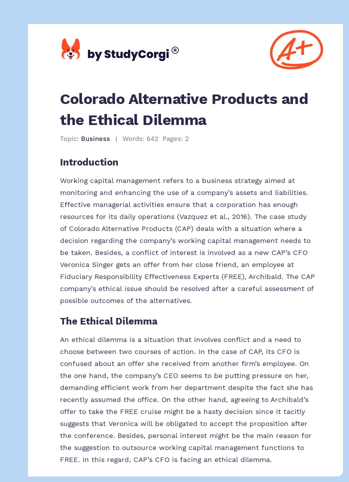 Colorado Alternative Products and the Ethical Dilemma. Page 1