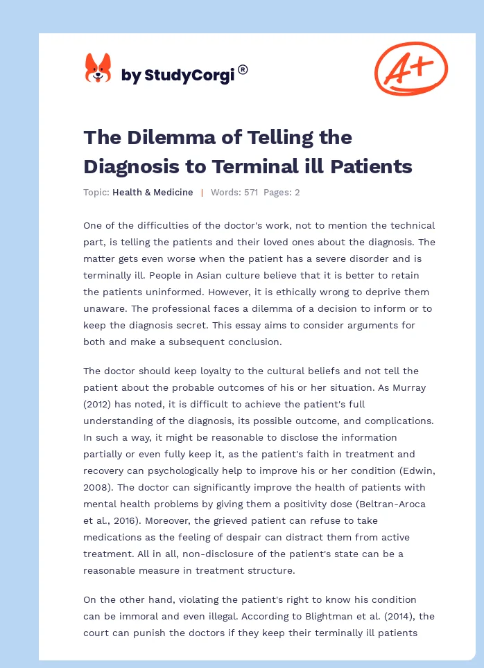 The Dilemma of Telling the Diagnosis to Terminal ill Patients. Page 1