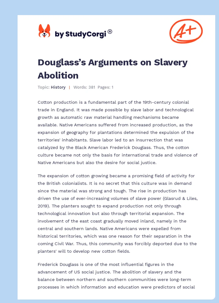 Douglass’s Arguments on Slavery Abolition. Page 1