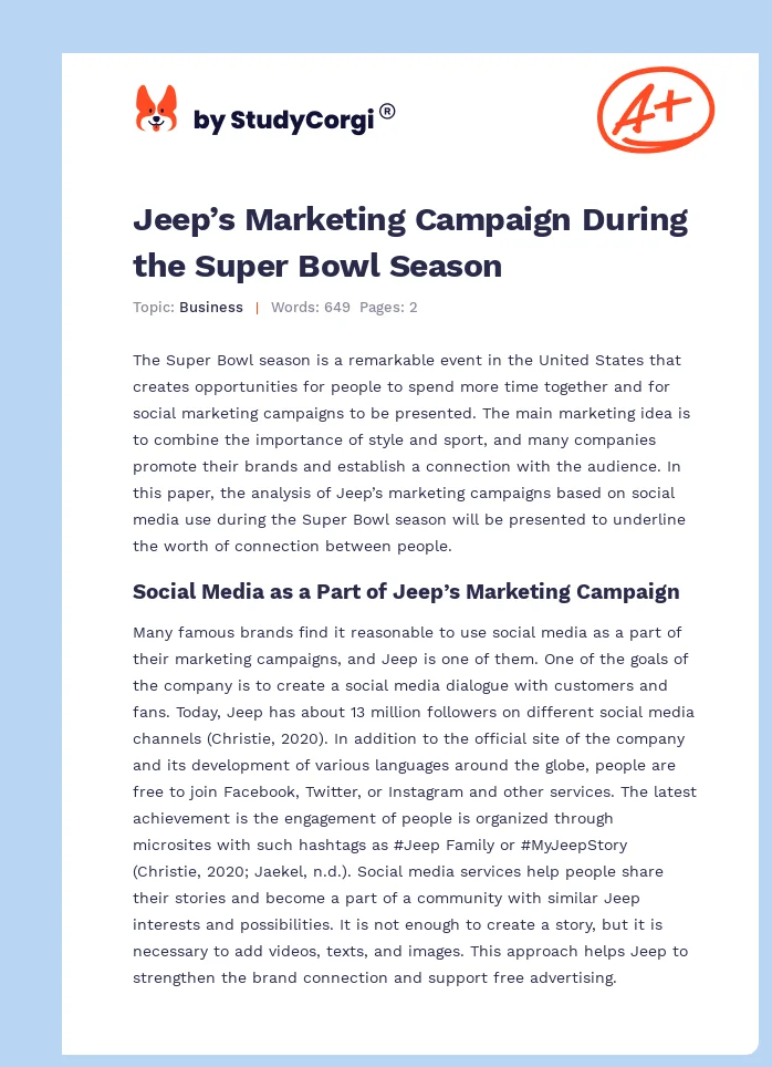 Jeep’s Marketing Campaign During the Super Bowl Season. Page 1