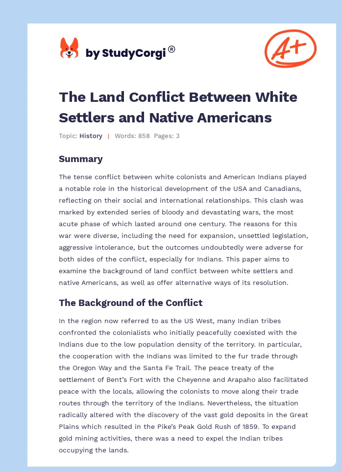 The Land Conflict Between White Settlers and Native Americans. Page 1