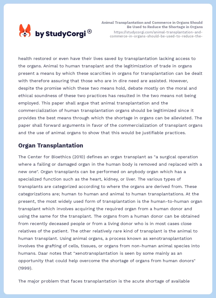 Animal Transplantation and Commerce in Organs Should Be Used to Reduce the Shortage in Organs. Page 2