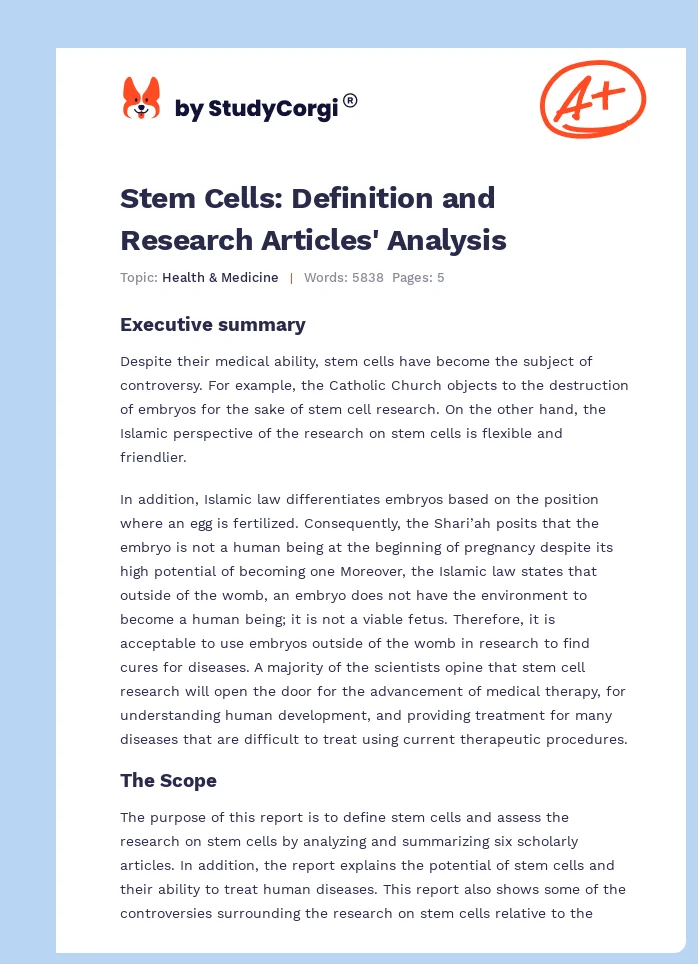 Stem Cells: Definition and Research Articles' Analysis. Page 1
