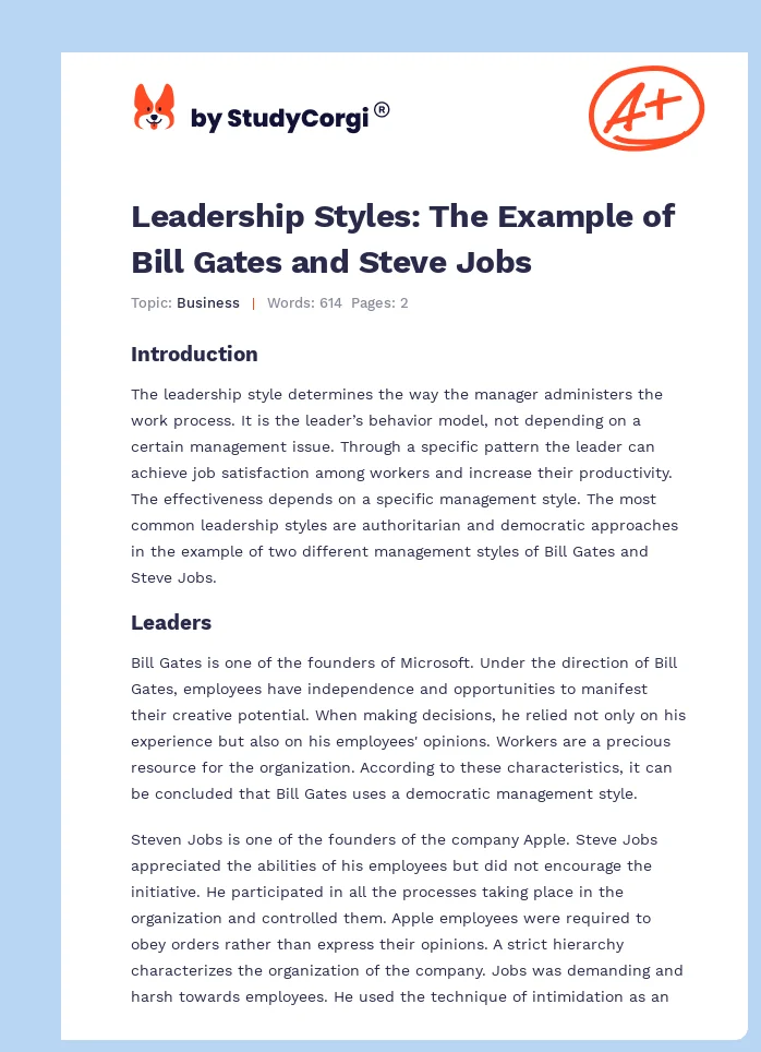 Leadership Styles: The Example of Bill Gates and Steve Jobs. Page 1