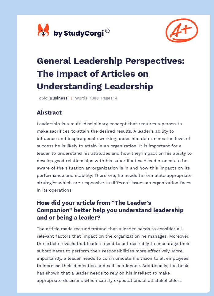 General Leadership Perspectives: The Impact of Articles on Understanding Leadership. Page 1