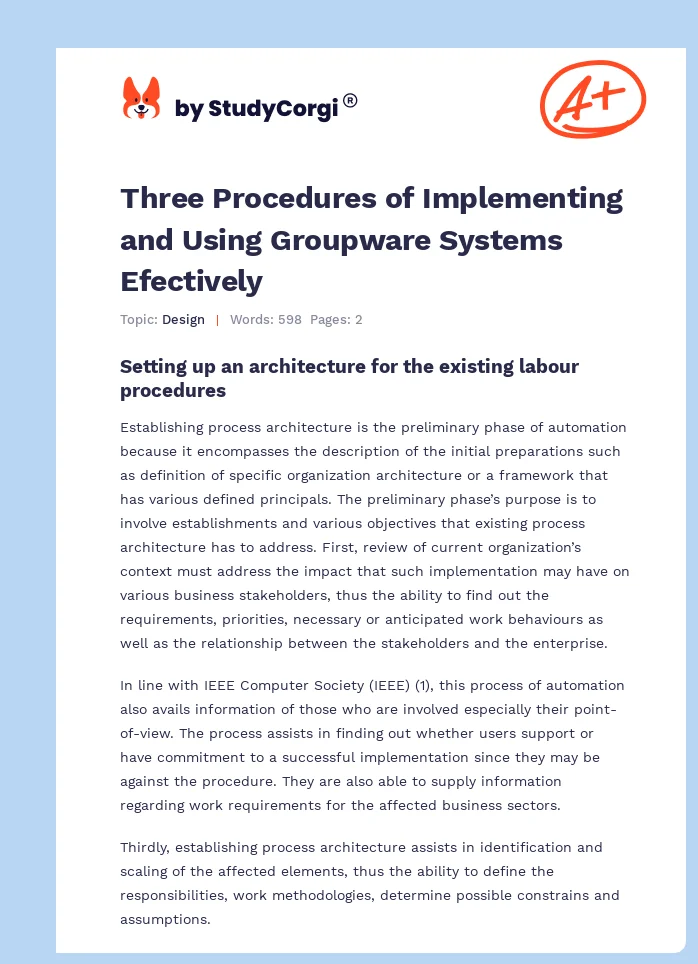 Three Procedures of Implementing and Using Groupware Systems Efectively. Page 1