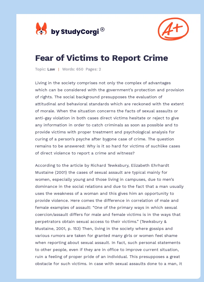 Fear of Victims to Report Crime. Page 1