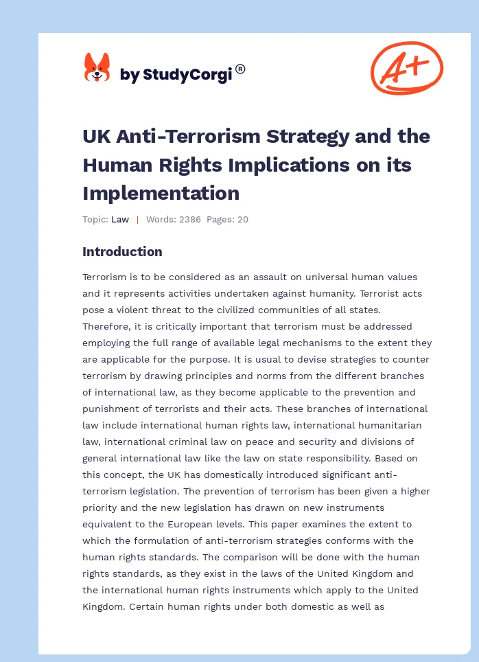 UK Anti-Terrorism Strategy and the Human Rights Implications on its Implementation. Page 1