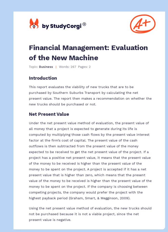Financial Management: Evaluation of the New Machine. Page 1