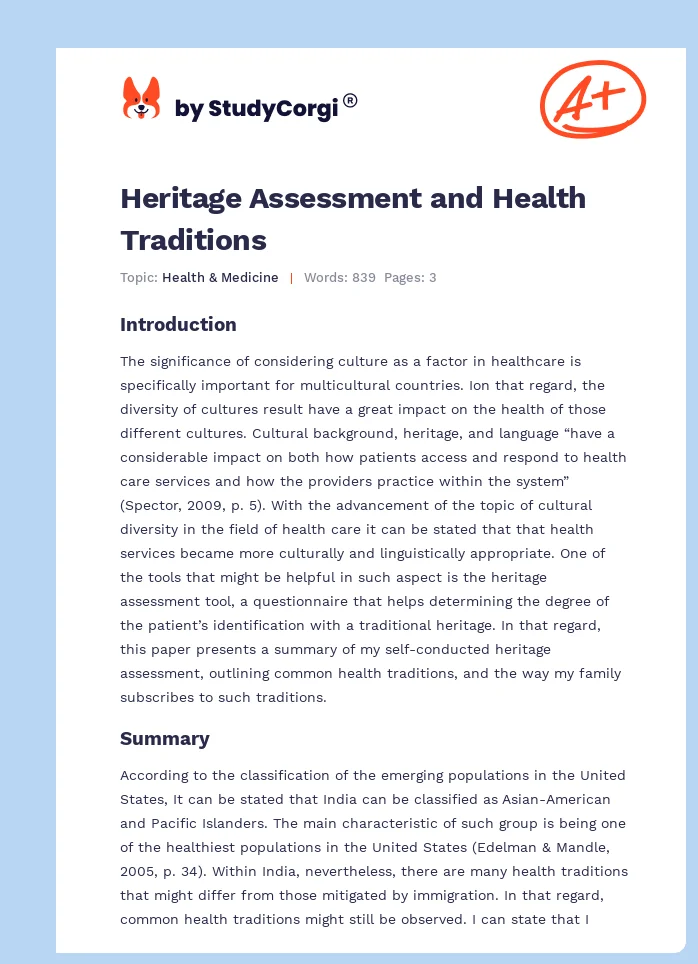 Heritage Assessment and Health Traditions. Page 1