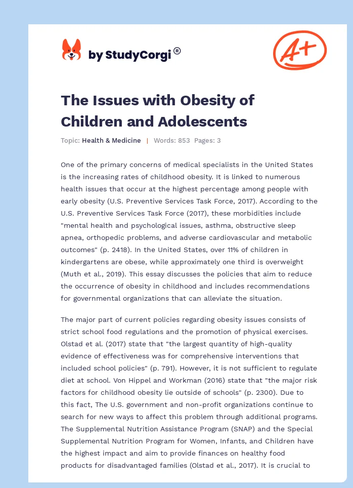 The Issues with Obesity of Children and Adolescents. Page 1