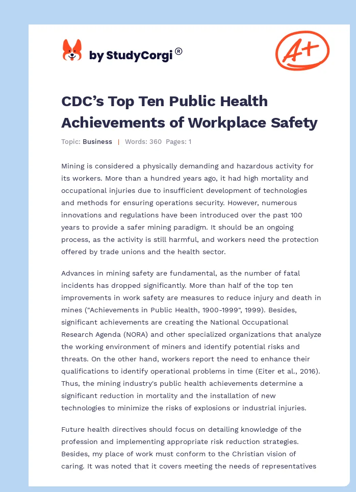 CDC’s Top Ten Public Health Achievements of Workplace Safety. Page 1