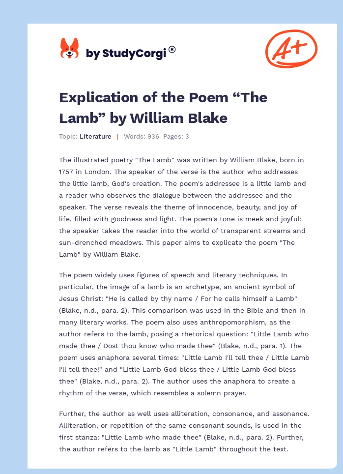 Explication of the Poem “The Lamb” by William Blake. Page 1