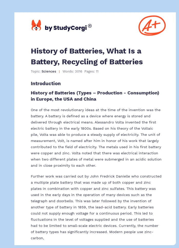 History of Batteries, What Is a Battery, Recycling of Batteries. Page 1