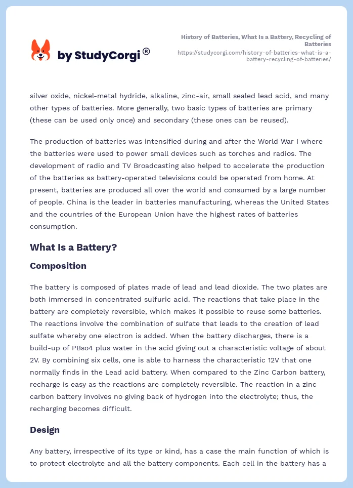 History of Batteries, What Is a Battery, Recycling of Batteries. Page 2